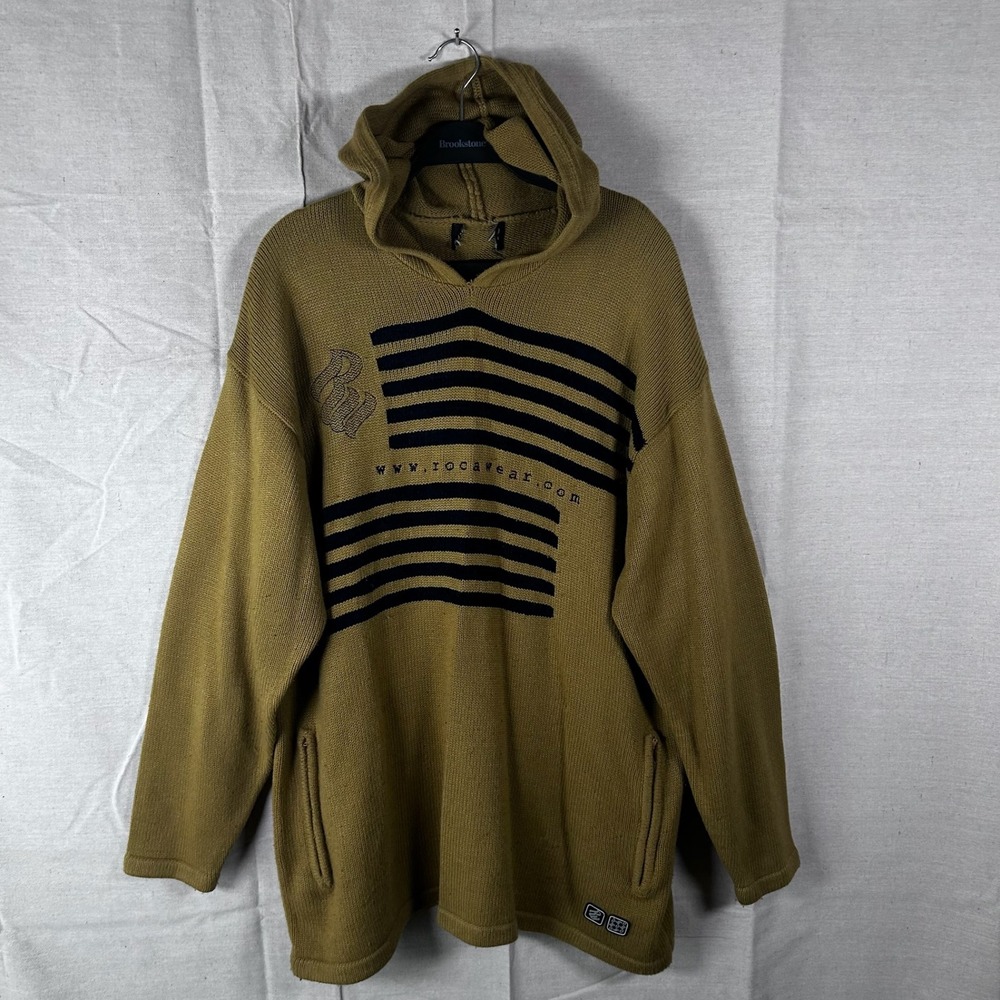 Rocawear Mens Vintage Knit Pullover Hoodie‎ Brown Graphic Logo Sweater Sz XL